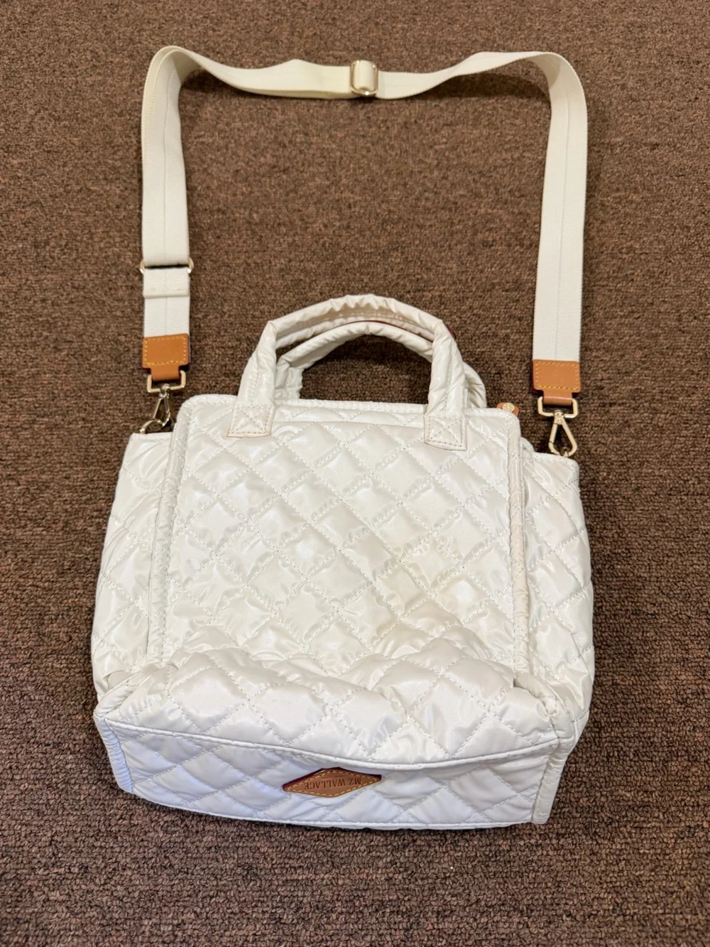 MZ Wallace White Pearl Quilted Nylon Satchel Crossbody Bag Leather Trim